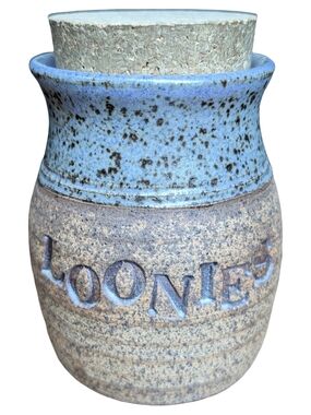 Studio Pottery "Loonies" Coin Jar Cork Top Sheila Shaw Calgary | Speckled Glaze